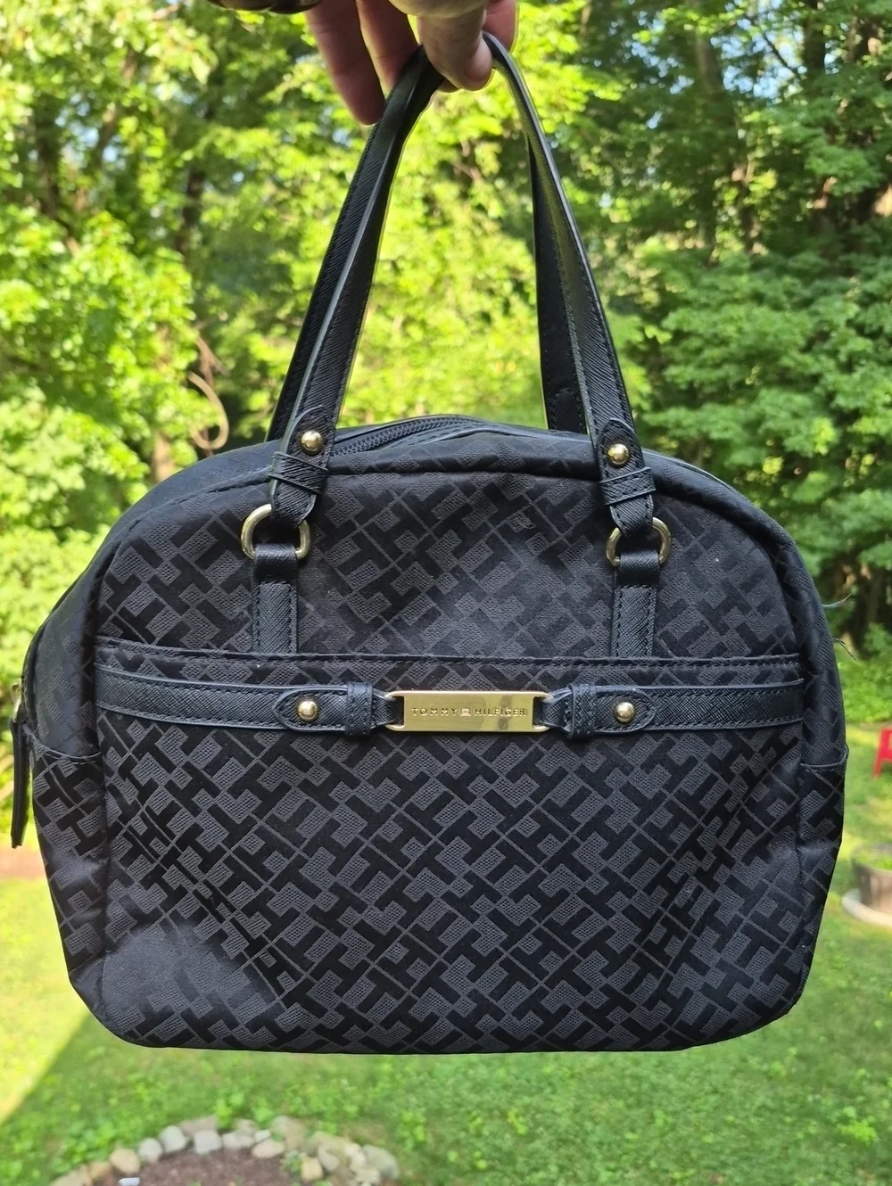 Tommy Hilfiger Black monogram jacquard signature pattern Dome Satchel bag